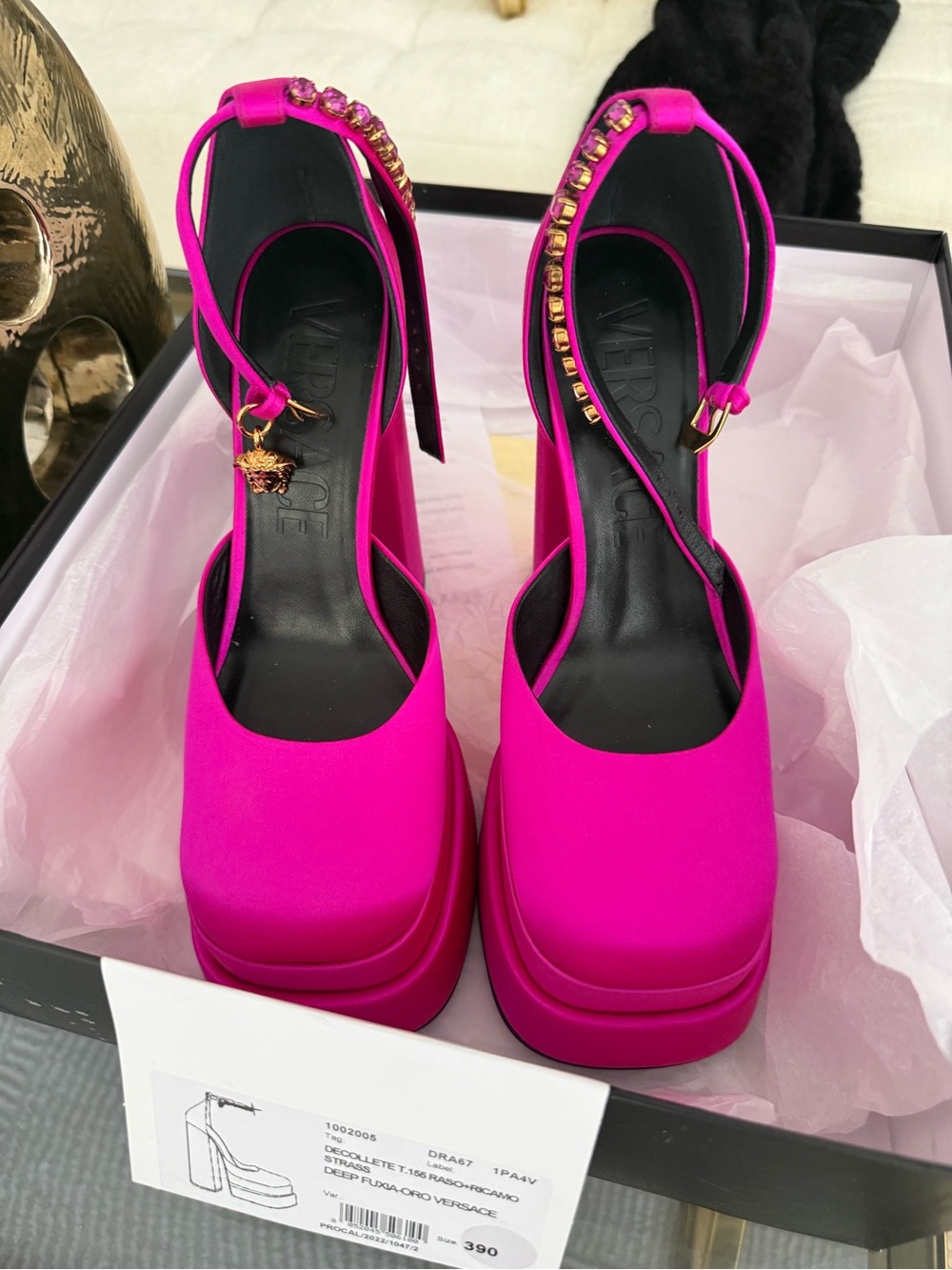 Versace Hot Pink Satin Platform Pumps with Jeweled Ankle Strap